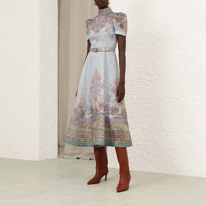 ZIMMERMANN Eden Midi-Dress – Printed Linen & Silk, Mock Turtleneck, Belted Waist & Short Sleeves