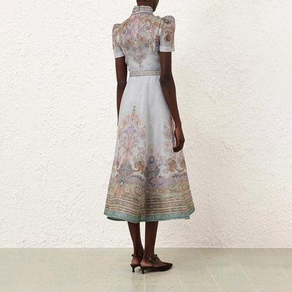 ZIMMERMANN Eden Midi-Dress – Printed Linen & Silk, Mock Turtleneck, Belted Waist & Short Sleeves
