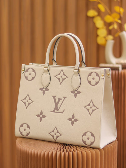 Louis Vuitton LV Women OnTheGo MM Tote Bag Beige Embossed Supple