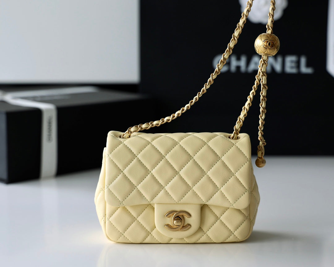 CHANEL Lambskin Quilted Mini Square Flap Light Yellow 693288