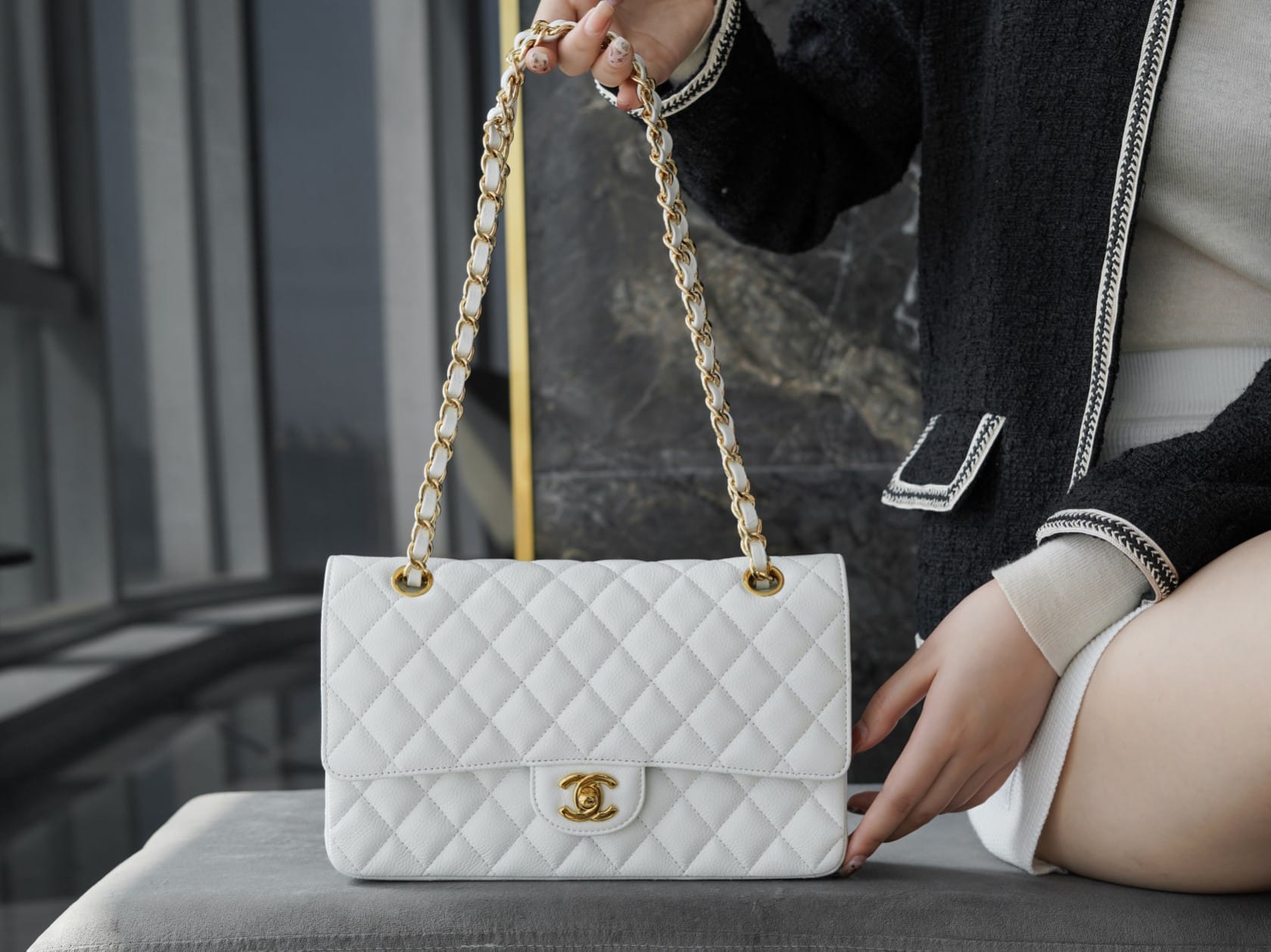 Chanel White Leather Medium Classic Double Flap Shoulder Bag Chanel