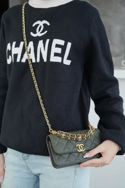 CHANEL Flap Phone Holder with Chain Olive