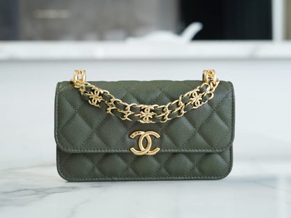 CHANEL Flap Phone Holder with Chain Olive