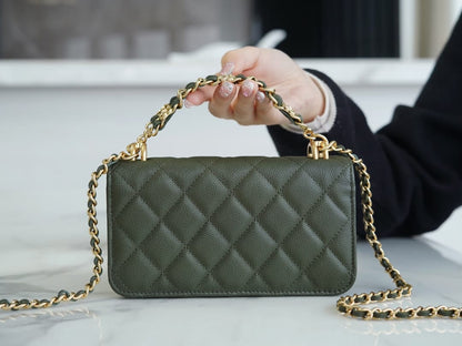 CHANEL Flap Phone Holder with Chain Olive