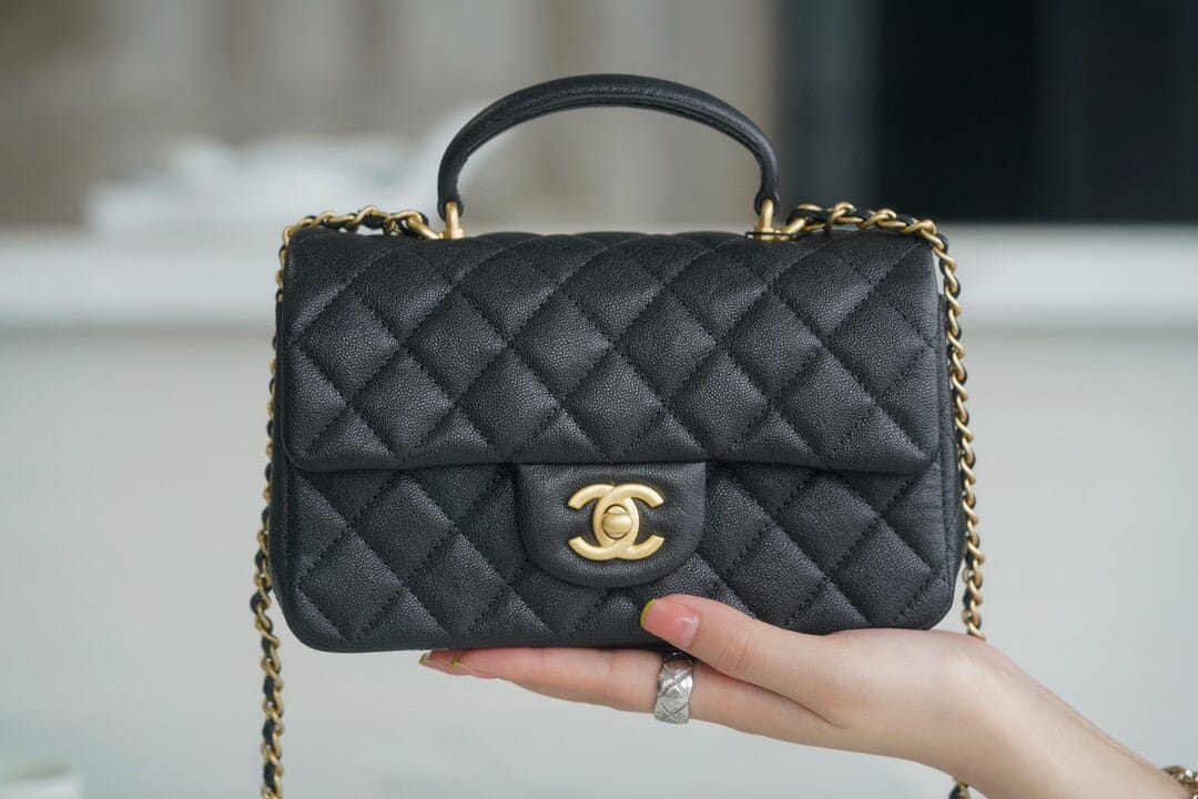 Chanel Black Quilted Lambskin Top Handle Mini Flap Bag Pale Gold
