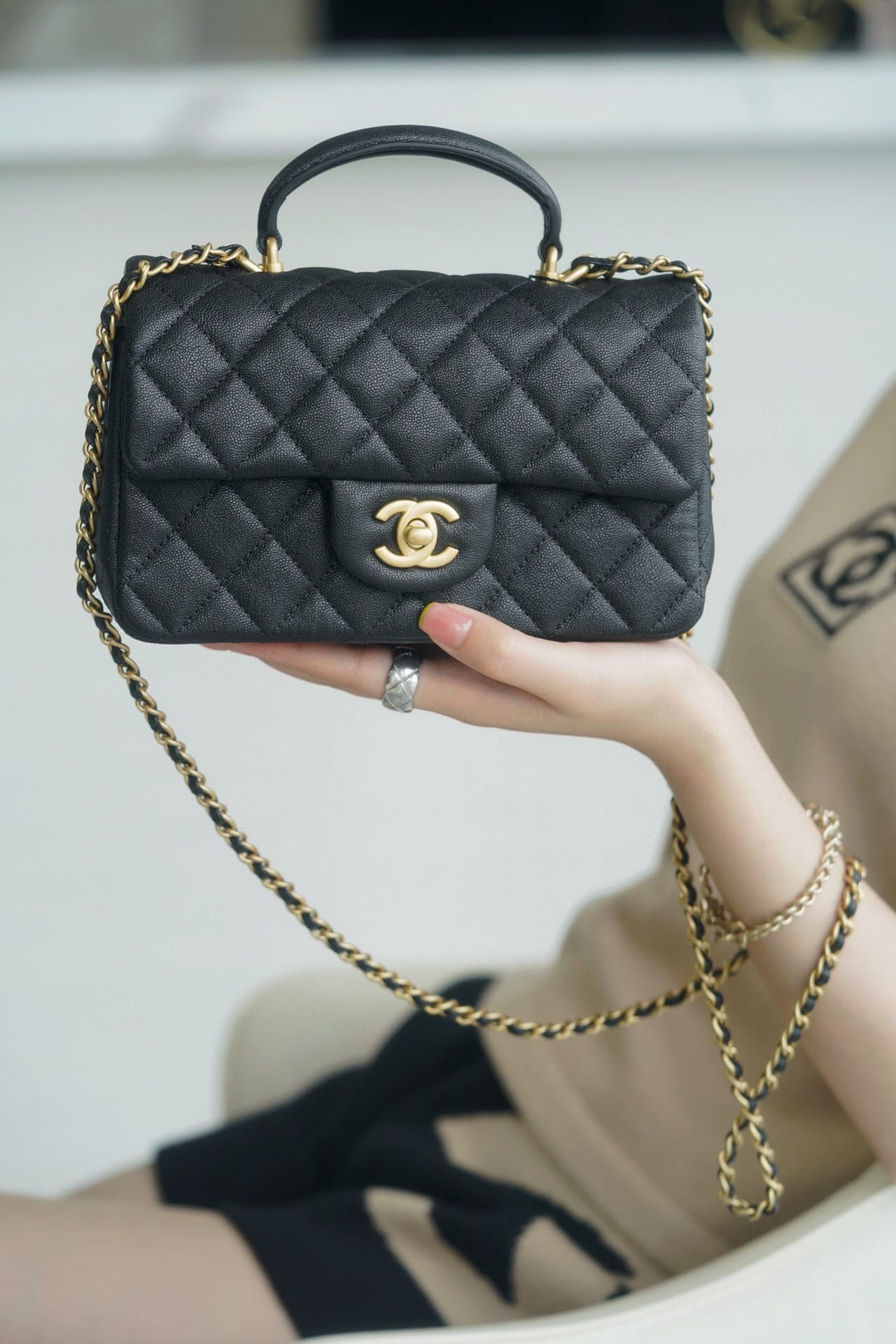CHANEL MINI FLAP BAG WITH TOP HANDLE, SILVER