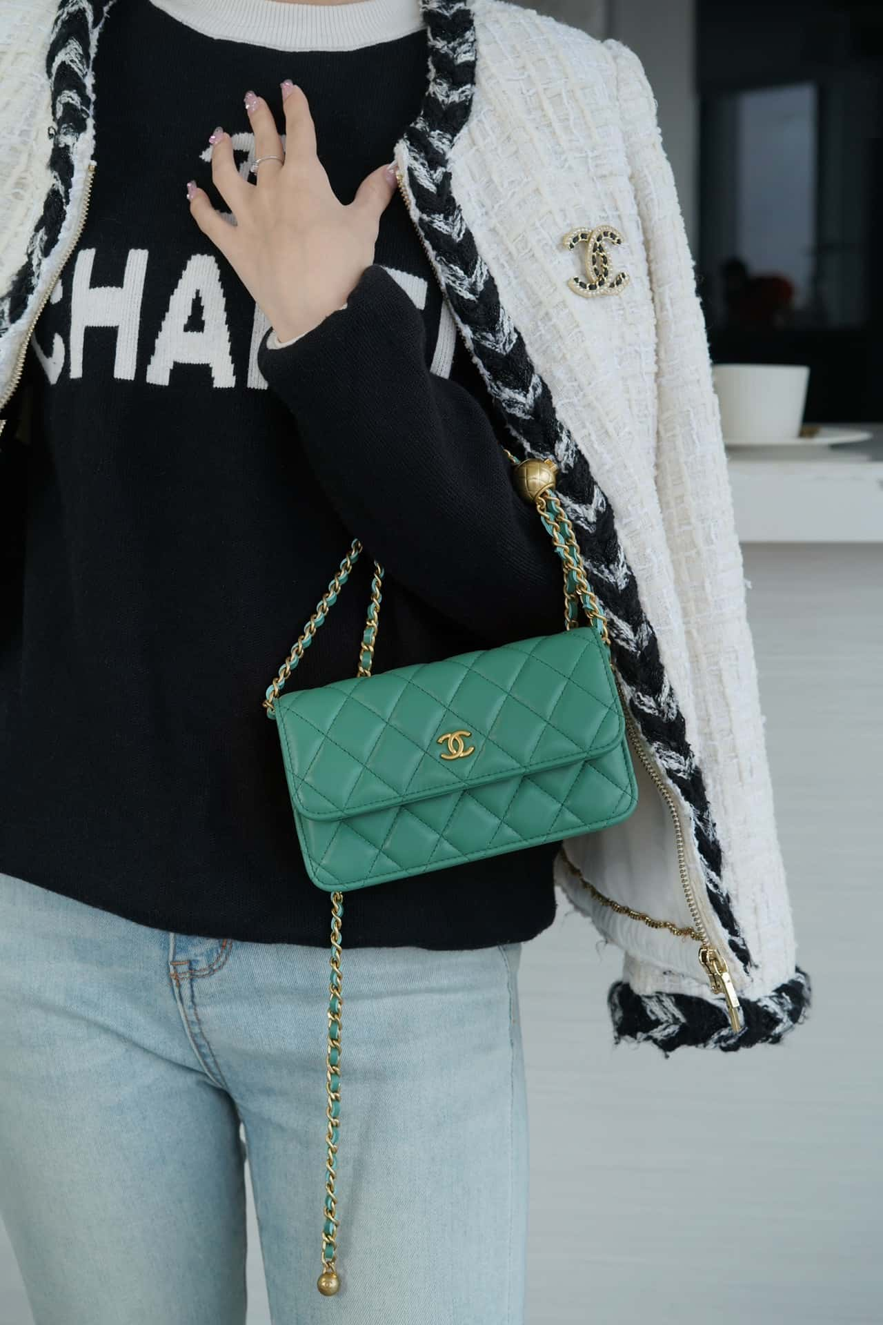 CHANEL Flap Phone Holder with Chain Turquoise