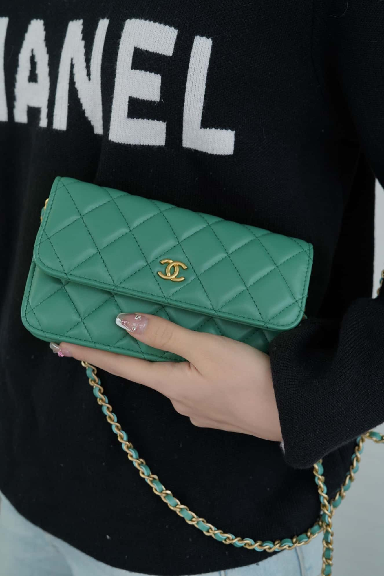 CHANEL Flap Phone Holder with Chain Turquoise