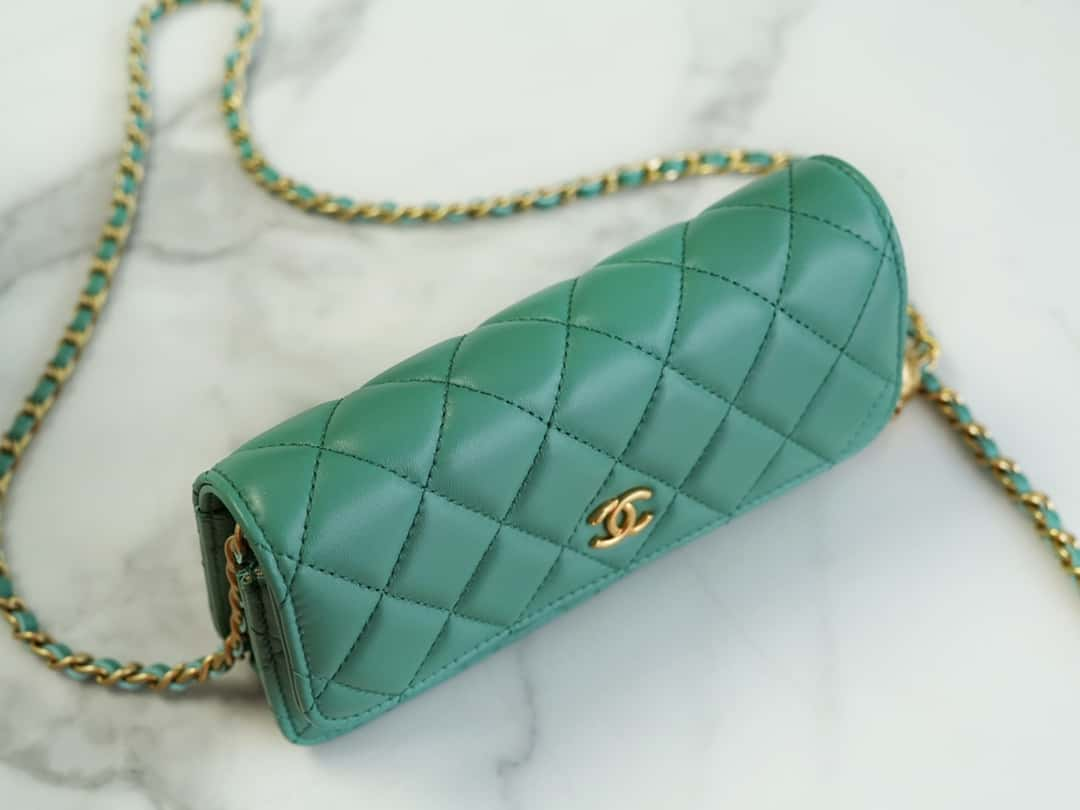 CHANEL Flap Phone Holder with Chain Turquoise